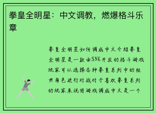 拳皇全明星：中文调教，燃爆格斗乐章