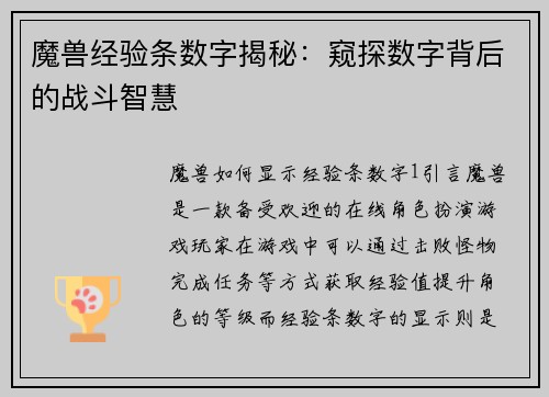 魔兽经验条数字揭秘：窥探数字背后的战斗智慧