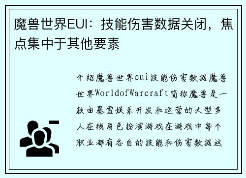 魔兽世界EUI：技能伤害数据关闭，焦点集中于其他要素