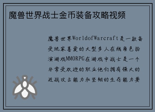 魔兽世界战士金币装备攻略视频